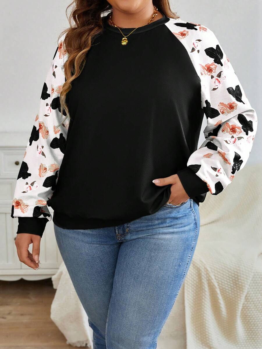 SHEIN LUNE 大码拼接圆领长袖简约卫衣，休闲日常穿着，适合感恩节假期 - 黑色 - 查看 1