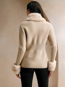 SHEIN X Jwoww Anewsta Elegant Fox Fur Knitted Cardigan Sweater For Women - Khaki - View 8