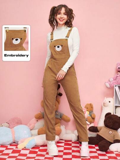 Kawaii Cartoon Graphic Pocket Corduroy Jumpsuit, School