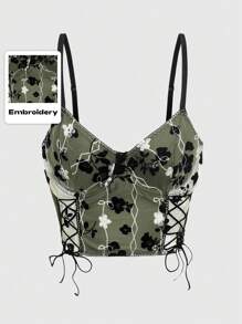 ROMWE Fairycore 花卉刺绣系带吊带背心 图案 T 恤 女式上衣