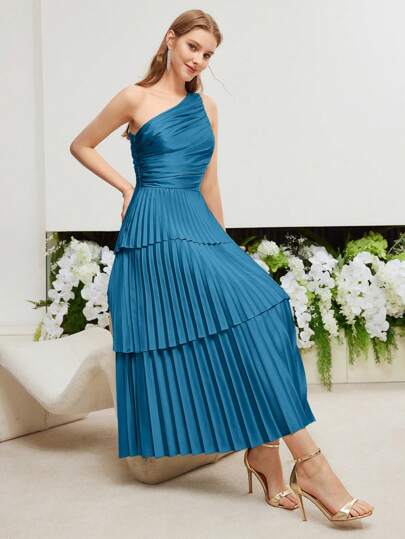 Solid One Shoulder Ruched Bodice Layered Pleated Hem Long Dress