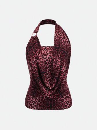 J-Fashion Top a collo alto drappeggiato con stampa leopardata in stile vintage Y2K per donne