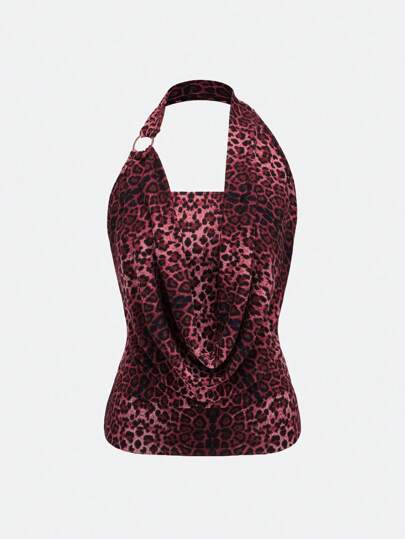 J-Fashion Top a collo alto drappeggiato con stampa leopardata in stile vintage Y2K per donne