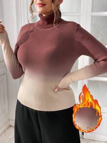 SHEIN Essnce Plus Size Women's Gradient Turtleneck Sweater Pullover Top,Burgundy,Smart Casual,Everyday Warm Inner Wear Fashionable Casual Costumes Fall/Winter - Multicolor - View 3