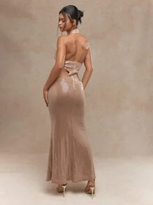 MISSGUIDED Y2K Futuristic Sequin Halter Neck Cut-Out Flare Hem Maxi Dress - Brown - View 2