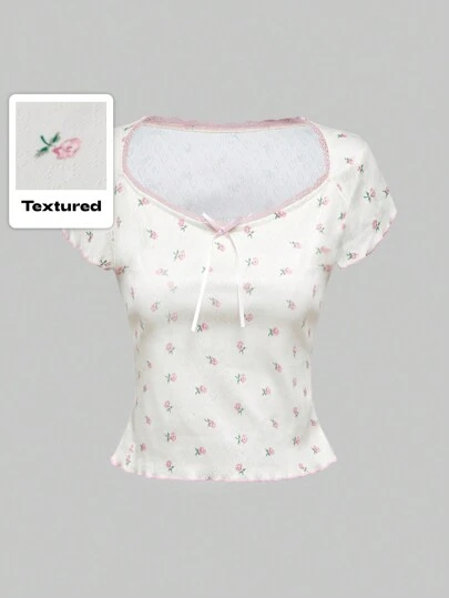 Kawaii Boho Casual Bowknot T-Shirt With Elastic Band Ditsy Floral Design For Women, School