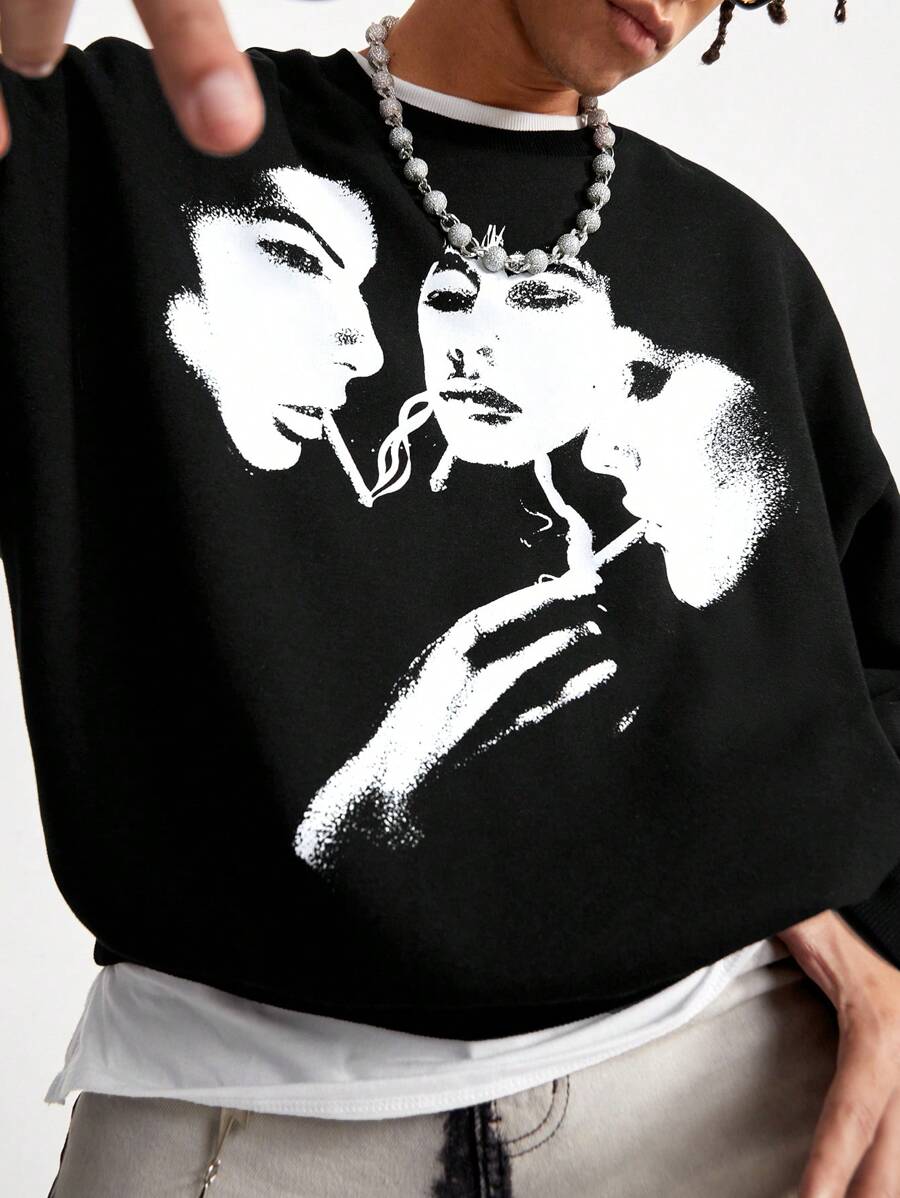 Manfinity VCAY 男士宽松圆领印花长袖运动衫，秋冬装 - 黑色 - 查看 1