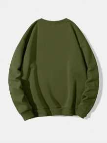 SHEIN LUNE 阿姨印花字母纯色女式休闲圆领运动衫，秋冬，长袖上衣 - 橄欖綠 - 查看 2