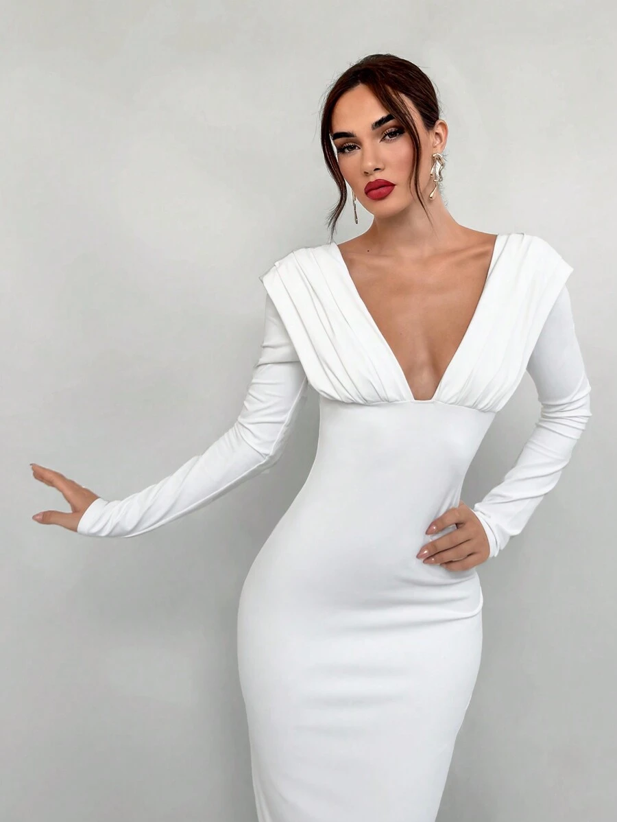 Aloruh 女士秋冬派对深 V 领褶饰闪亮长袖修身连衣裙 - 白色 - 查看 1
