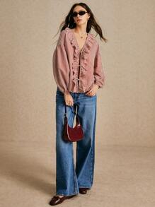 Poéselle 24款新款荷叶边系带上衣、条纹长袖衬衫、休闲女式上衣、秋季女式上衣、红色女式上衣、万圣节女式衬衫 - 紅色 - 查看 4