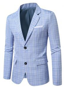Manfinity Mode Heren Modieus Veelzijdig Geruit Pak Jasje, Herfst Herenkleding, Heren Casual Turndown Kraag Blazer Jasje - Baby blauw - Bekijken 6