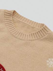 少女圣诞卡其色百搭毛衣，带有可爱的毛绒雪人刺绣 - 卡其色 - 查看 4