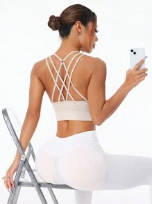 Easithlete Seamless Apricot Criss-Cross Back Sports Tank Top