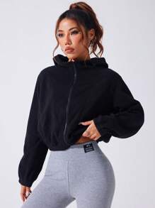 SHEIN Áo khoác thể thao giản dị tối giản dài tay có khóa kéo trơn - màu đen - Xem 5