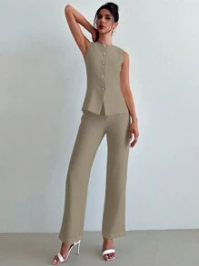 Firerie 2pcs Women Sleeveless Vest Top + Trousers Suit, Elegant Business Commuter Set - Khaki - View 5