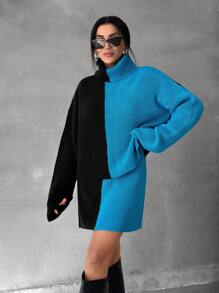 RueChic 女士彩色厚款常规版型冬季毛衣套装搭配迷你裙两件套 - 黑色 - 查看 3