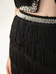 Maija Minifalda de mujer en color negro con adorno de perlas falsas y flecos en el bajo, de estilo de moda para otoño - Negro - Ver 3