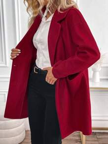 SHEIN LUNE 女士休闲安克拉红色羊毛大衣，秋冬款 - 紅色 - 查看 1