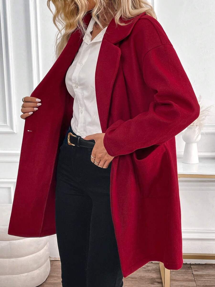 SHEIN LUNE 女士休闲安克拉红色羊毛大衣，秋冬款 - 紅色 - 查看 1