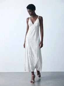 Maija 女式白色优雅长款亮片吊带裙，适合秋冬季