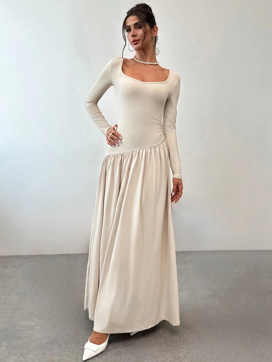 SHEIN Privé Elegant Minimalist Solid Color Stand Collar Asymmetrical A-Line Cinched Waist Long Sleeve Dress, Autumn Winter