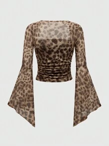 ROMWE 女士方领长袖豹纹休闲衬衫 - 棕色 - 查看 2