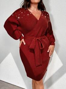Celure Plus Size Elegant Beaded Batwing Sleeve Sweater Dress, Spring & Autumn, Winter