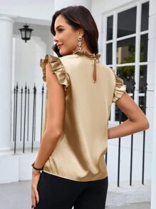 SHEIN Clasi 夏季优雅纯色缎面盖袖衬衫 - 卡其色 - 查看 2