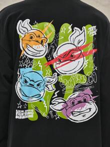 TEENAGE MUTANT NINJA TURTLES | SHEIN Áo thun nam in hình chú rùa hoạt hình và khẩu hiệu, dáng rộng, mùa xuân và thu - màu đen - Xem 5