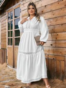 SHEIN CURVE+ 曲线加大码深 V 领纯色荷叶边下摆长袖连衣裙 - 白色 - 查看 4