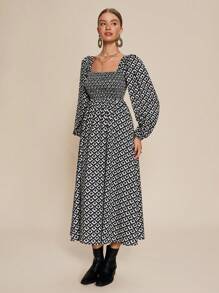 Almamuse 女士优雅几何印花连衣裙，秋季 - 黑色 - 查看 5