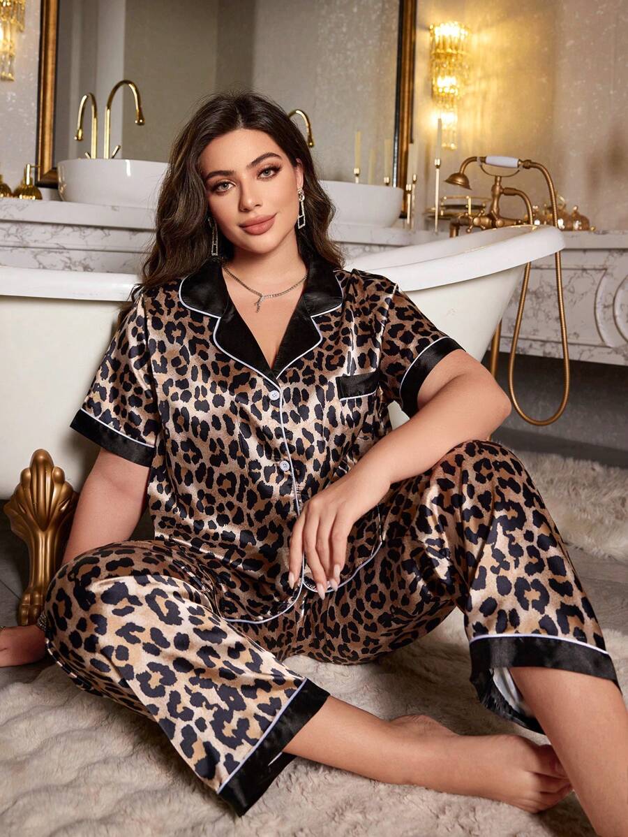 SHEIN MuseNap CURVE Plus Size Women Faux Silk Leopard Print Top & Pants Sleepwear Set - Khaki - View 1