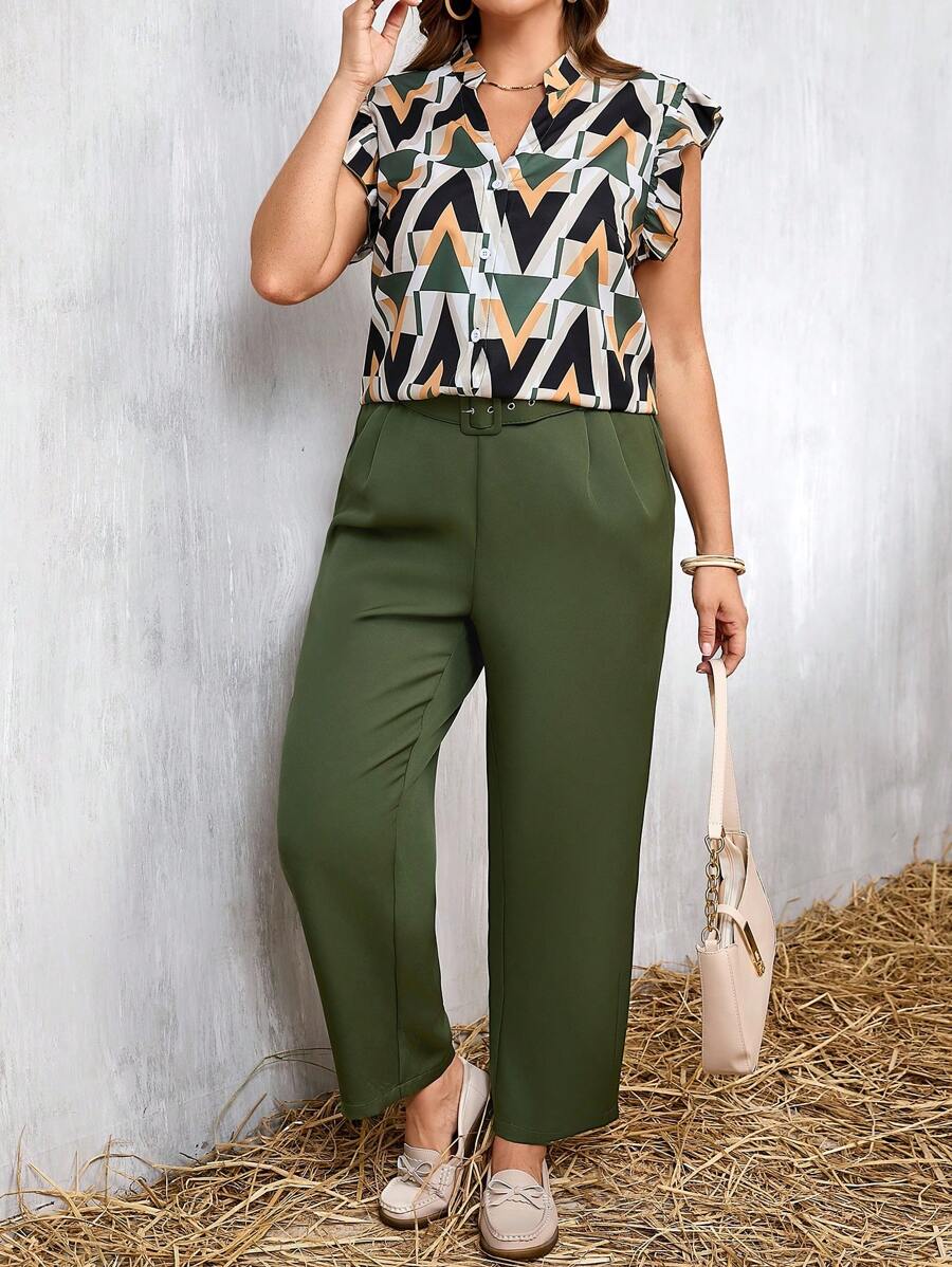 SHEIN LUNE Plus Size Women Geometric Print V-Neck Blouse And Pants 2pcs Casual Suit Set - Multicolor - View 1
