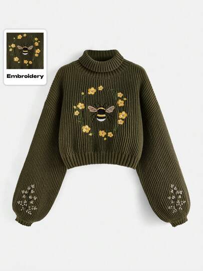 Fairycore Maglione ampio da donna con collo alto, maniche a goccia, ricamo di api e fiori, adatto per la scuola e l'inverno