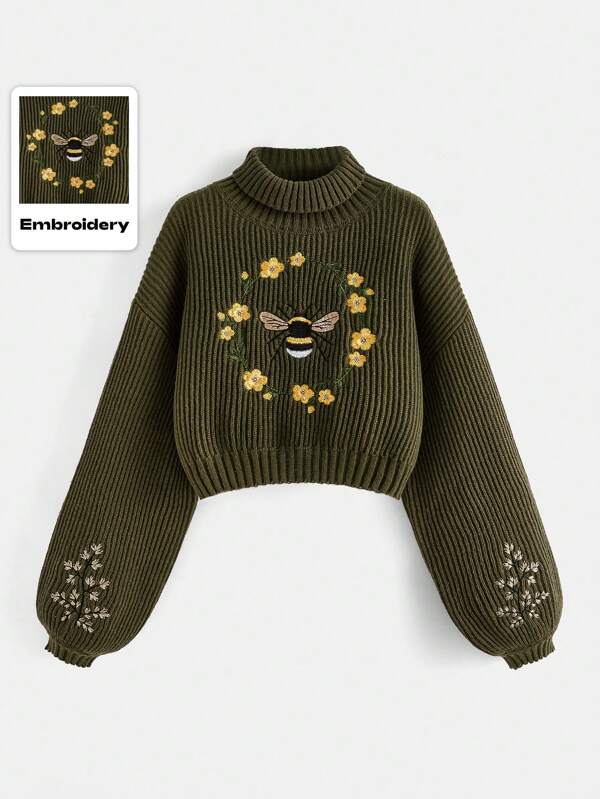 ROMWE Fairycore Pull col roulé à manches tombantes avec broderie d'abeille et florale, pour femmes en grande taille. Idéal pour l'école et l'hiver