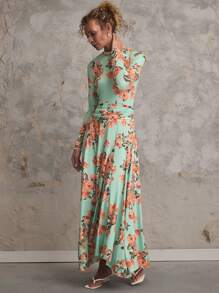 SHEIN Unity Vestido elegante de manga larga con estampado floral y dobladillo con volantes para mujeres