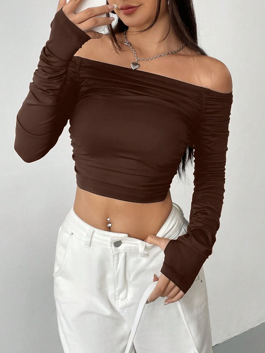 SHEIN EZwear 女士 Y2K 露肩长袖短款上衣紧身褶皱短款衬衫露背外出时尚 T 恤 - 棕色 - 查看 1