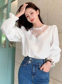 DAZY 长袖宽松女式衬衫，撞色蕾丝细节，荷叶边，秋季服装 - 白色 - 查看 6