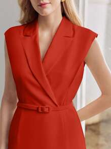 MOTF PREMIUM SOLID LAPEL COLLAR BUCKLE BELTED MIDI DRESS FOR NEW YEAR CLOTHES - Red - View 2