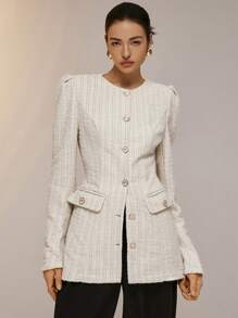 Poéselle Áo khoác dệt kim dài tay màu be vải tuýt phong cách sang trọng dành cho nữ, có lót, thanh lịch và quyến rũ, thiết kế xẻ gấu, hai túi bên, quần áo mùa thu cho nữ, áo khoác tuýt, phù hợp cho những dịp trang trọng trong công việc, những dịp đi chơi, quần áo dự tiệc cho nữ - Màu be - Xem 6