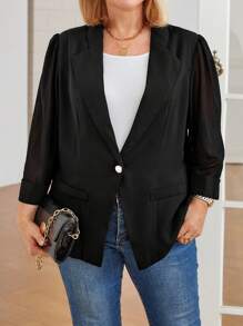 Plus Size Solid Color Front Button Long Sleeve Casual Top And Blazer Jacket Set - Black - View 1