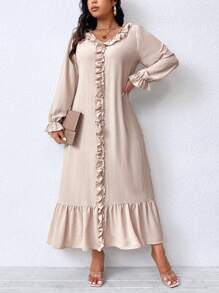 SHEIN LUNE 大码女式春秋纯色荷叶边 V 领长袖连衣裙超长女装