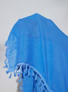 SHEIN Swim 女式纯色 V 领拼接流苏蝙蝠袖宽松罩衫连衣裙，夏季度假 - 藍色 - 查看 4