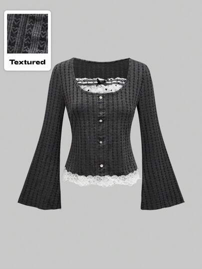 Kawaii T-shirt casual à manches évasées avec dentelle contrastée pour femme, idéal pour le printemps/été et l'école