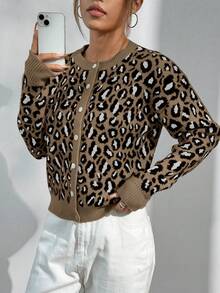 SHEIN Unity Áo khoác cardigan dài tay họa tiết da báo hở vai thường ngày cho nữ - Nhiều màu - Xem 6