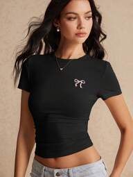 Poéselle Women Round Neck Short Sleeve Bow Embroidery Casual T-Shirt