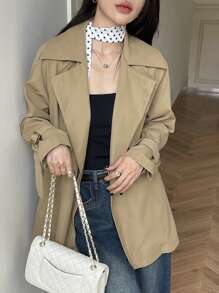 DAZY Solid Color Women Belted Long Sleeve Casual Trench Coat,Fall Clothes Women Jacket - Khaki - View 3