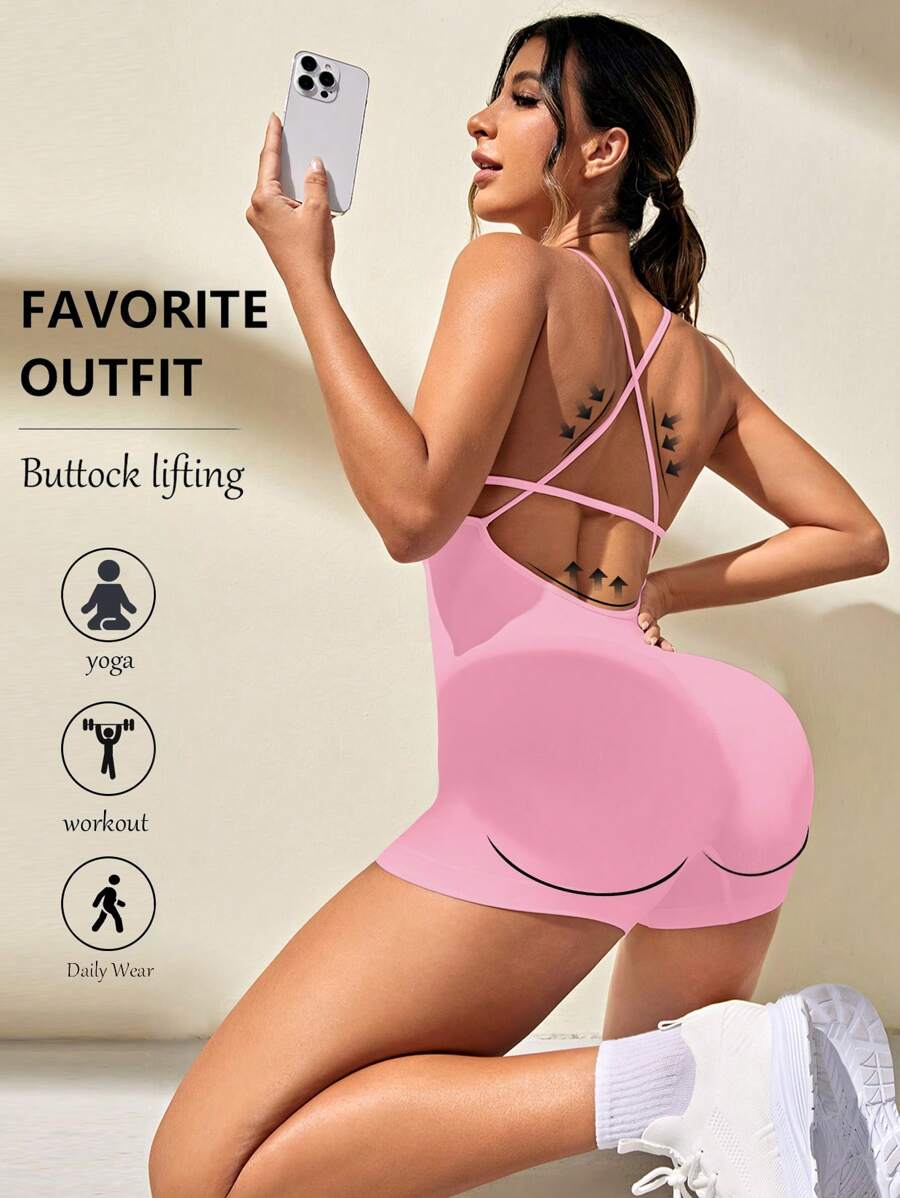 SHEIN Sovereign Charm Women's Solid Color Backless Cutout Strap Romper - Pink - View 1
