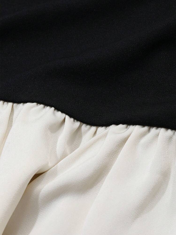 2pcs Women's Contrast Color Patchwork Ruffle Hem Long Sleeve Top And Solid Color Skirt Set,Fall Clothes