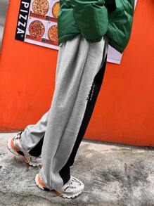 DAZY Men's Letter Print Patchwork Fleece Sweatpants, Autumn Men Joggers,Winter